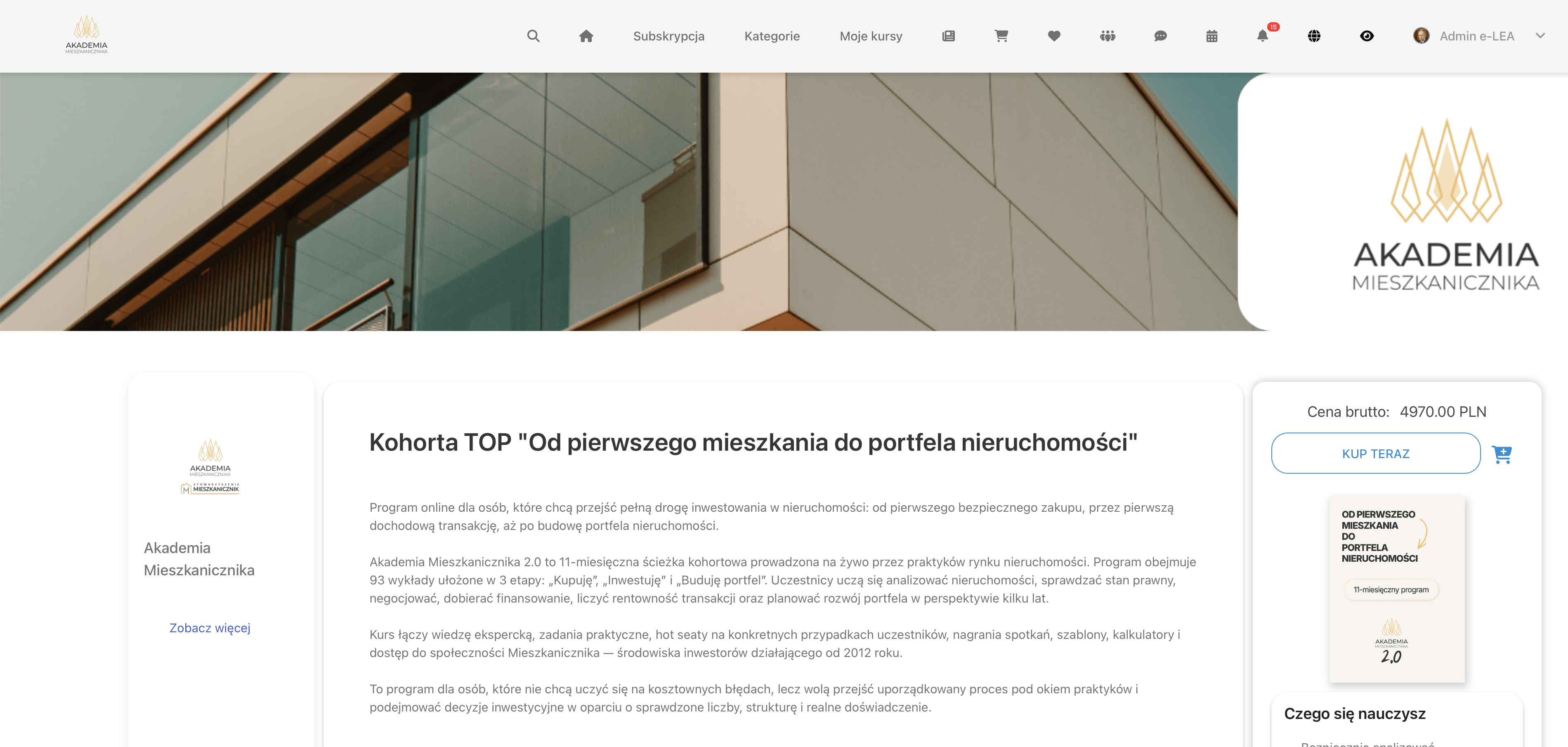 Platforma kursowa e-LEA — lista wykładów i panel postępu Akademii Mieszkanicznika 2.0